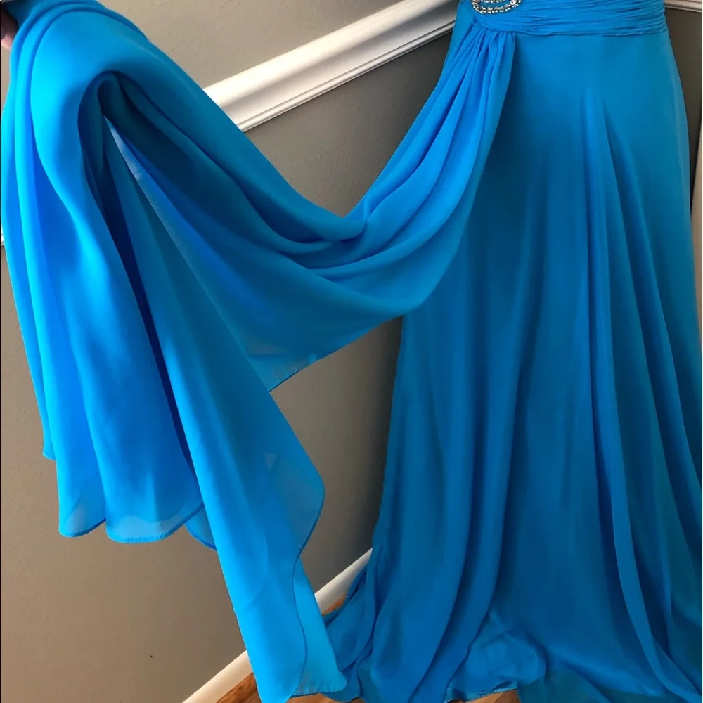 NEW PANOPLY SZ 8 TURQUOISE ONE SHOULDER JEWELED DRAPE FORMAL GOWN - Picture 4 of 9